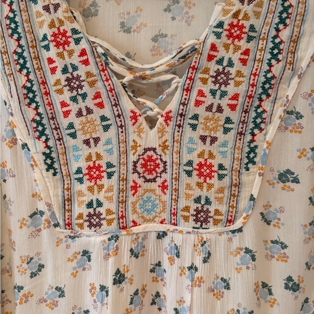 Democracy Bohemian Floral Aztec Oversized Multicolor Tie Neck Tunic Top Size L - Picture 7 of 15